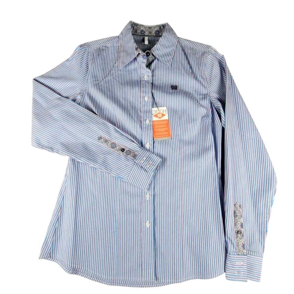Cinch Shirt Womens Medium Blue Stripe Button Up Long Sleeve Cotton Western